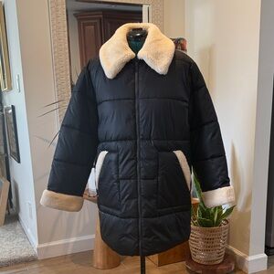 Black Puffer Coat with Cream Accents
